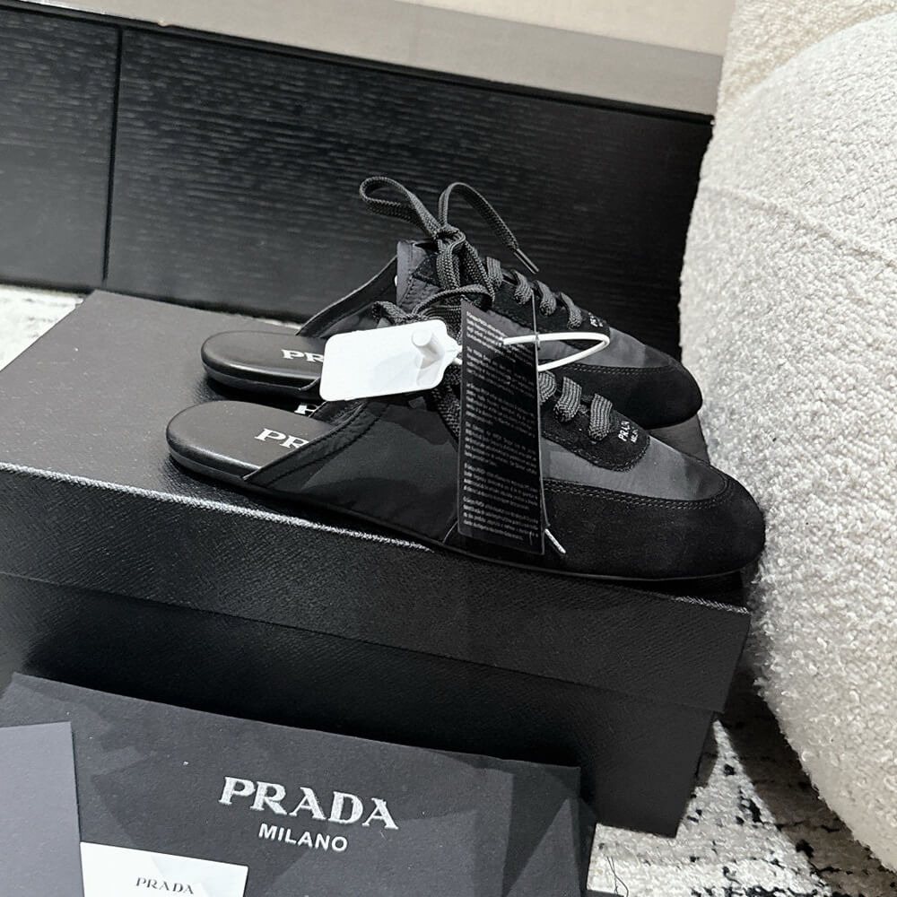 PRADA Collapse Re-Nylon and suede mules