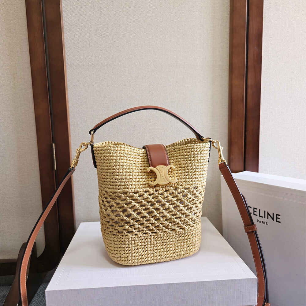 CELINE SMALL LOUISE BUCKET IN RAFFIA AND CALFSKIN(HIGH-END GRADE)
