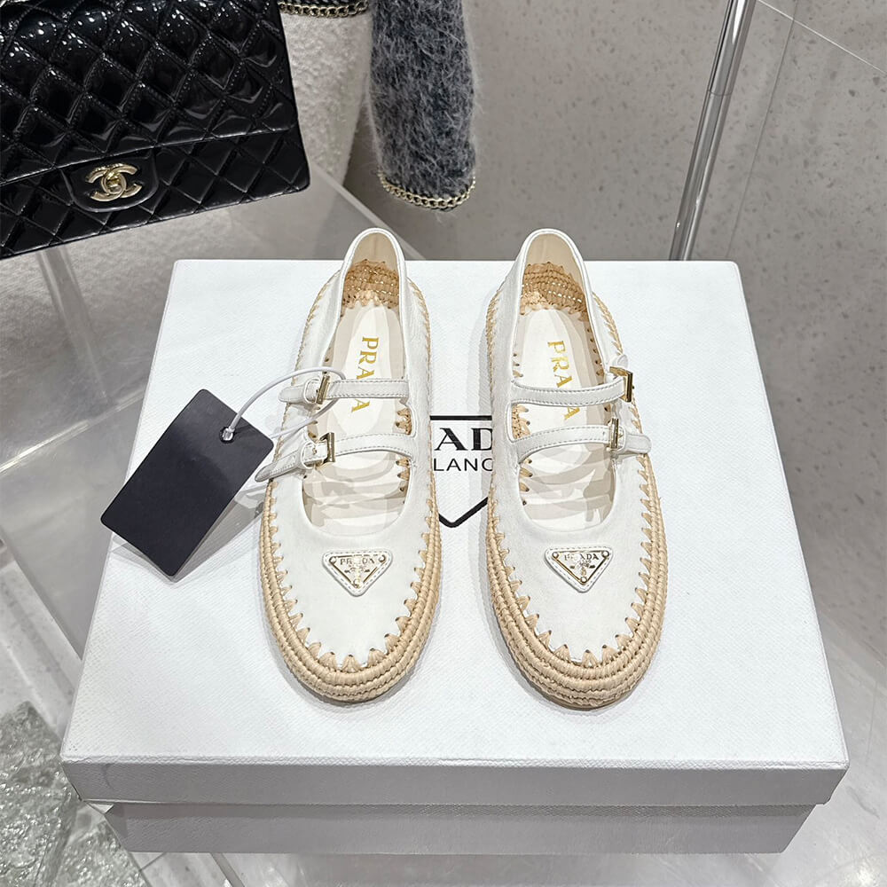 PRADA Nappa leather and raffia ballerinas